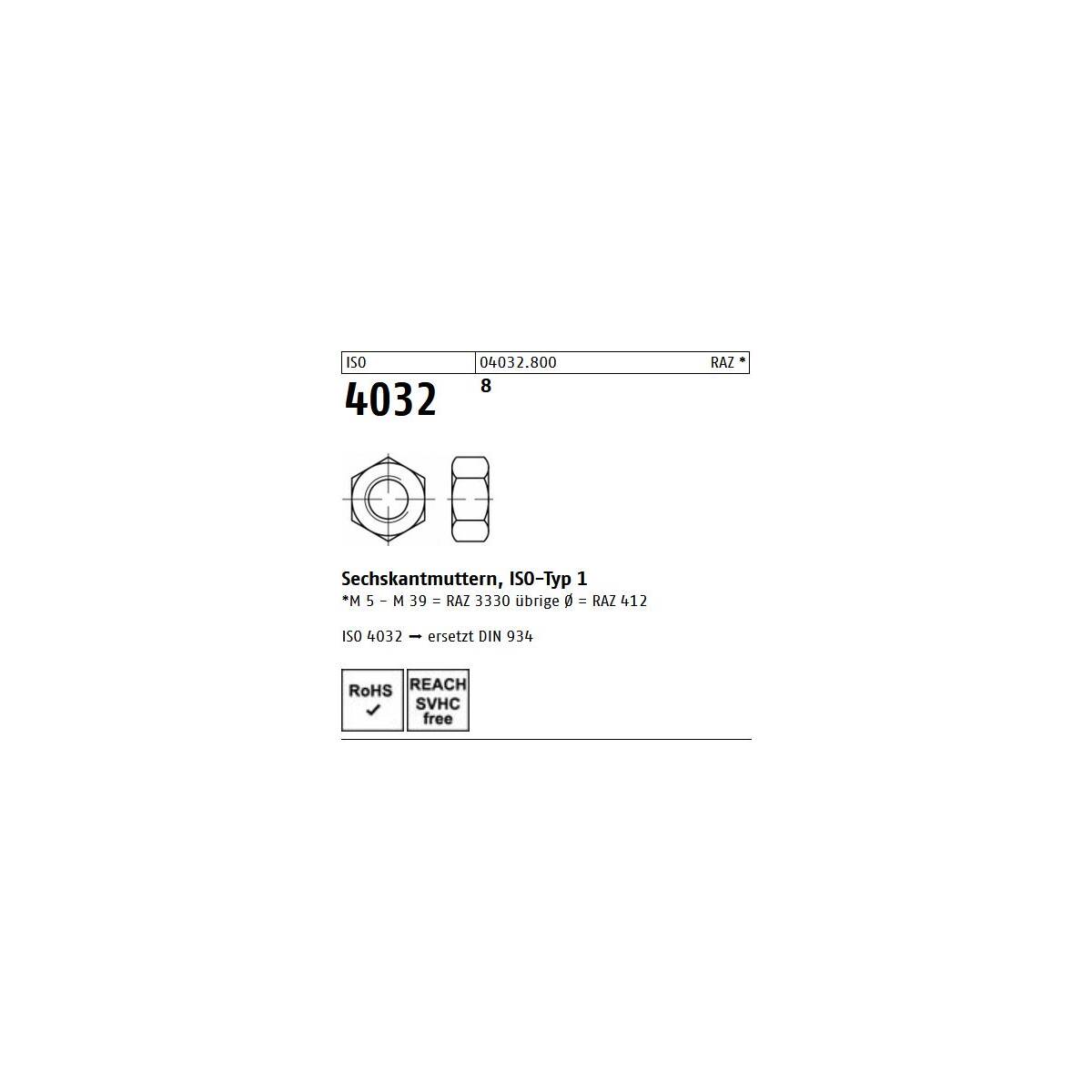ISO 4032 8 feuerverzinkt Sechskantmuttern, ISOTyp 1 Abmessung M 4