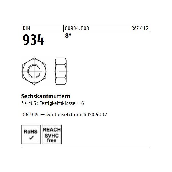 DIN 934 Sechskantmutter Stahl 8 - M5 - 1000 Stück, € 8,14 