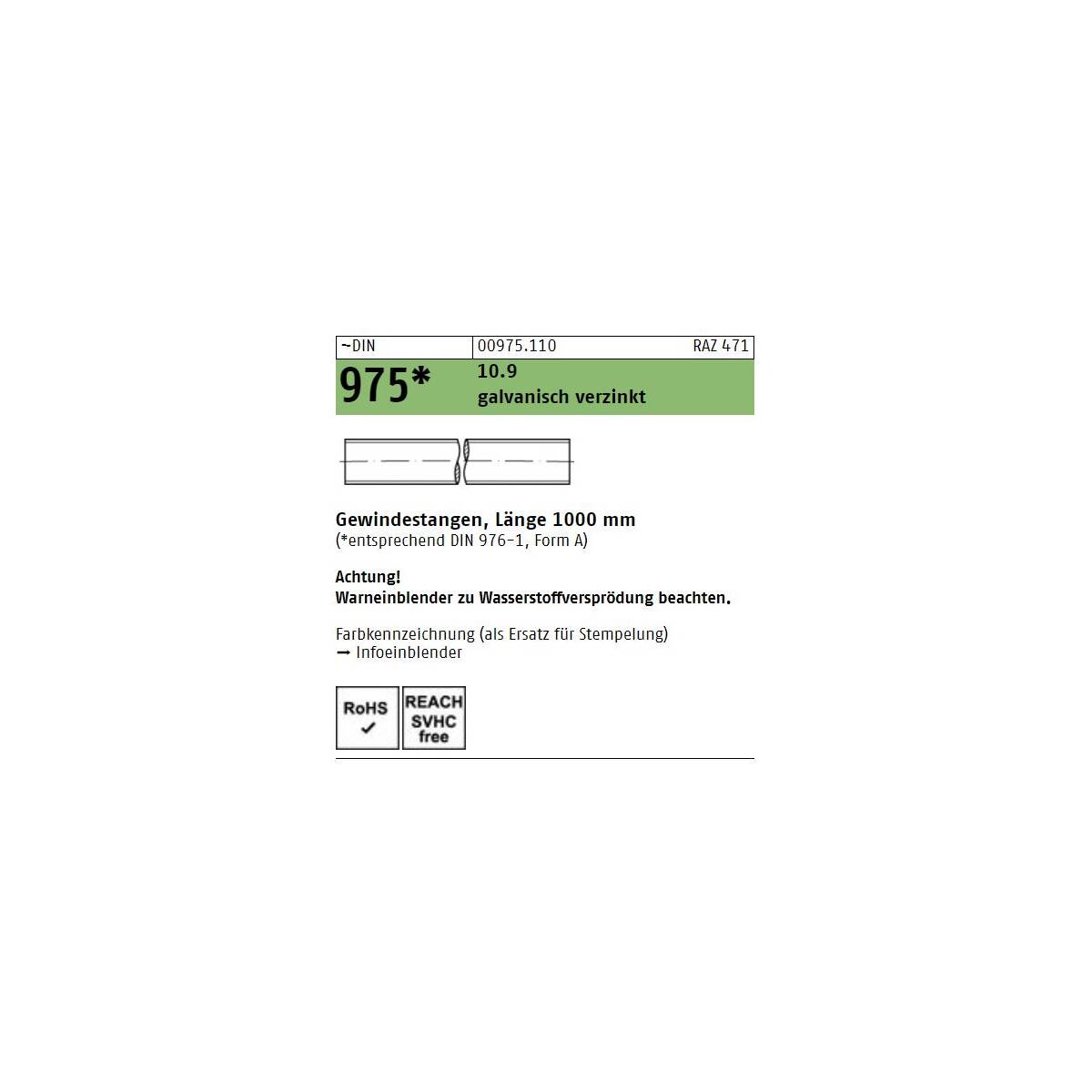 DIN 975 Gewindestange - verzinkt 10.9 - M12x1000 - 1 Stück, € 4,70